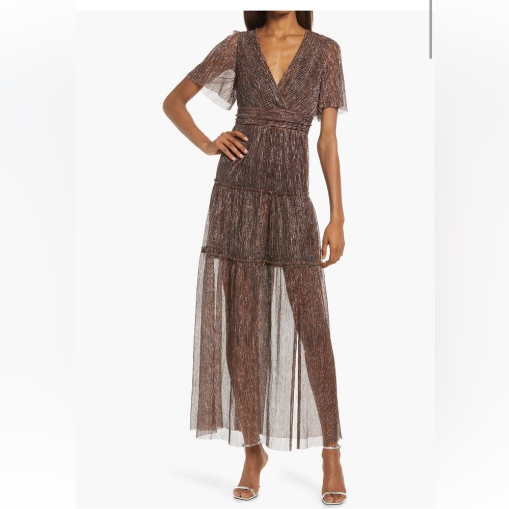 Floret Studios Nordstrom Bronze/Gold Metallic Open Back Gown Size Medium